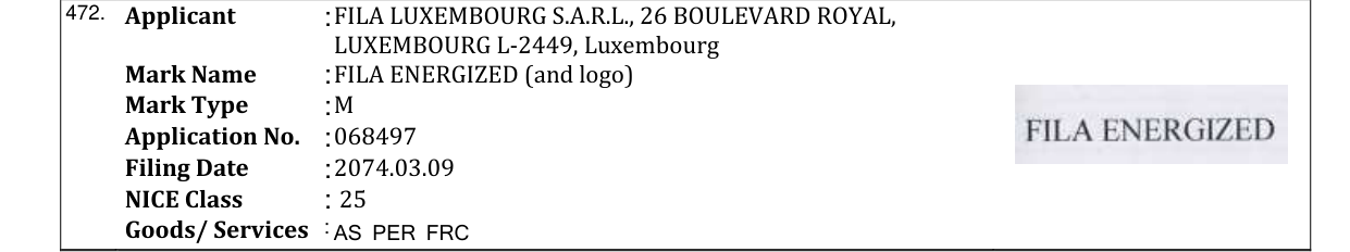 Original bulletin entry for FILA ENERGIZED (and logo)