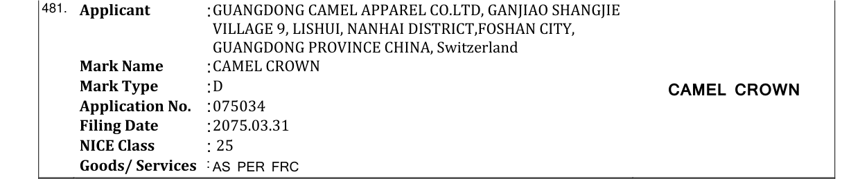 Original bulletin entry for CAMEL CROWN