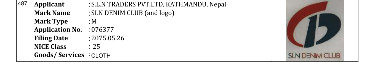 Original bulletin entry for SLN DENIM CLUB (and logo)
