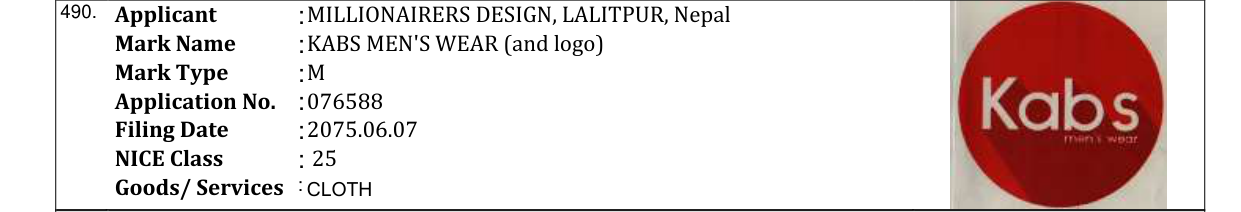 Original bulletin entry for KABS MEN'S WEAR (and logo)