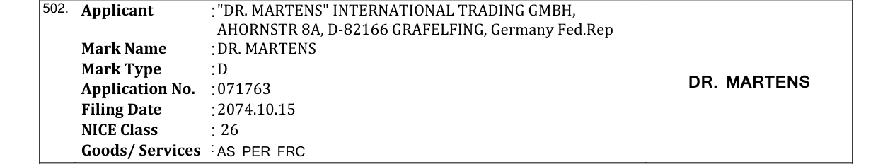 Original bulletin entry for DR. MARTENS