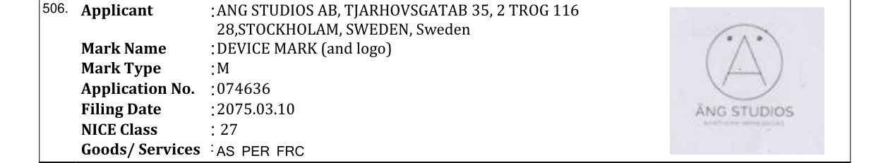 Original bulletin entry for DEVICE MARK (and logo)