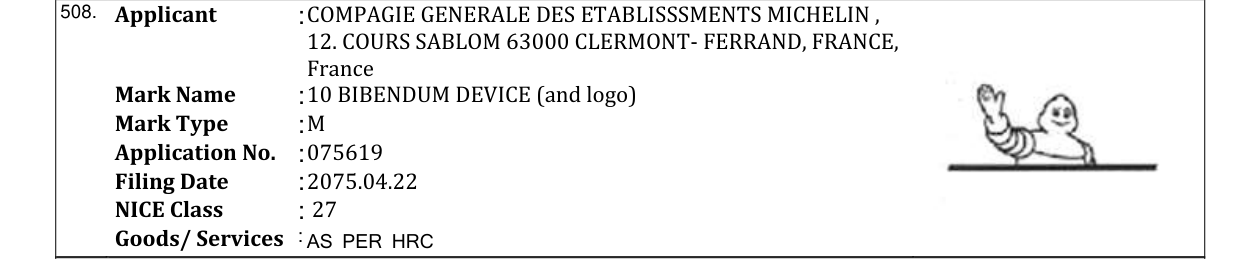 Original bulletin entry for 10 BIBENDUM DEVICE (and logo)