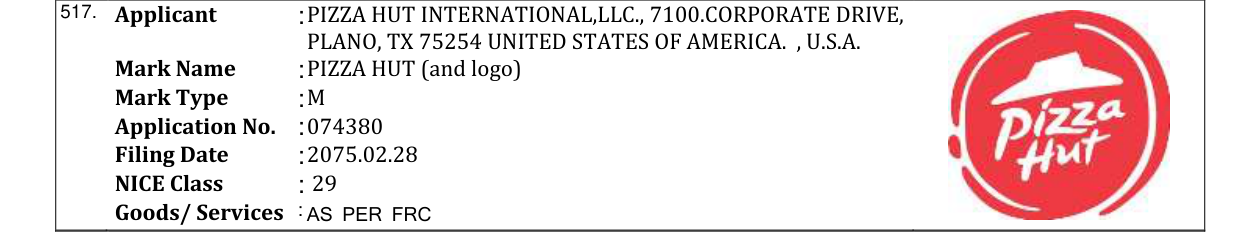 Original bulletin entry for PIZZA HUT (and logo)