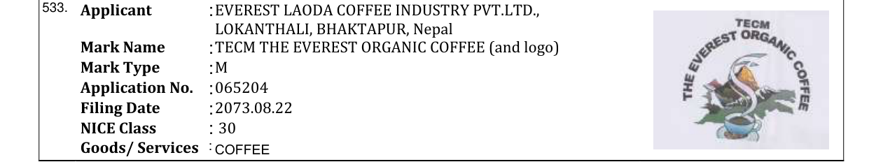 Original bulletin entry for TECM THE EVEREST ORGANIC COFFEE (and logo)