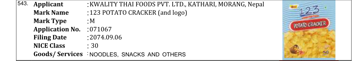 Original bulletin entry for 123 POTATO CRACKER (and logo)
