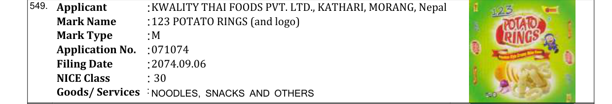 Original bulletin entry for 123 POTATO RINGS (and logo)