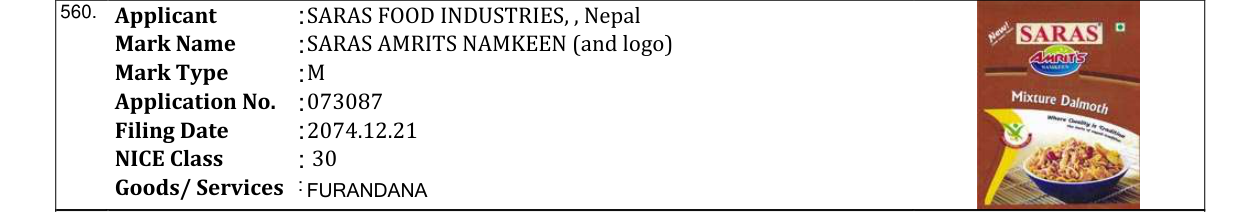 Original bulletin entry for SARAS AMRITS NAMKEEN (and logo)