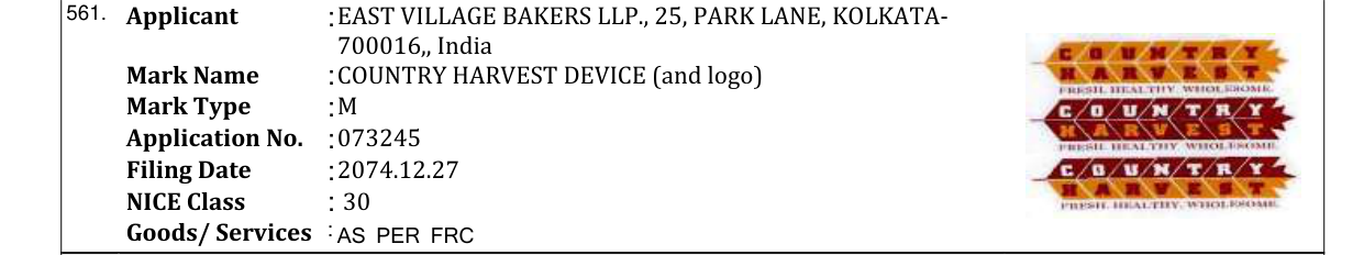 Original bulletin entry for COUNTRY HARVEST DEVICE (and logo)