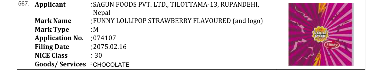 Original bulletin entry for FUNNY LOLLIPOP STRAWBERRY FLAVOURED (and logo)