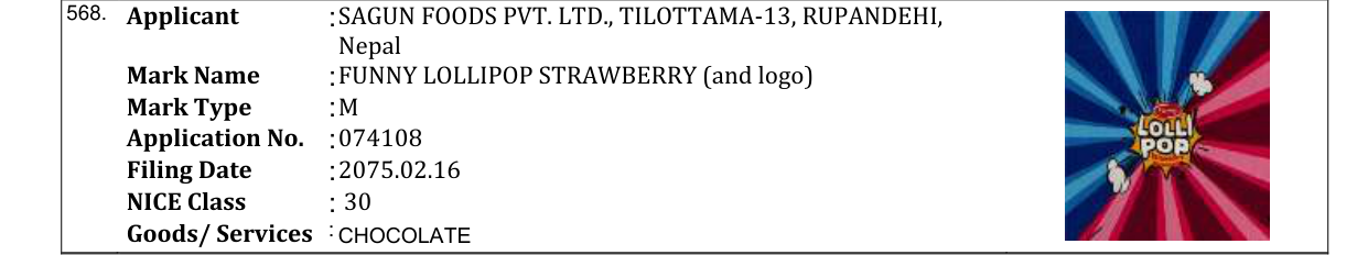 Original bulletin entry for FUNNY LOLLIPOP STRAWBERRY (and logo)
