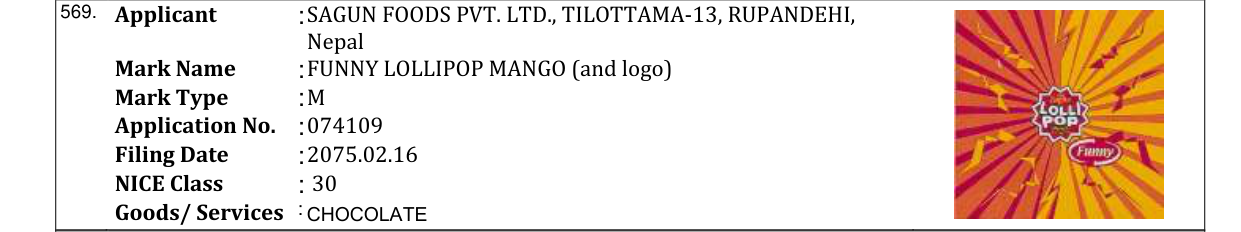 Original bulletin entry for FUNNY LOLLIPOP MANGO (and logo)