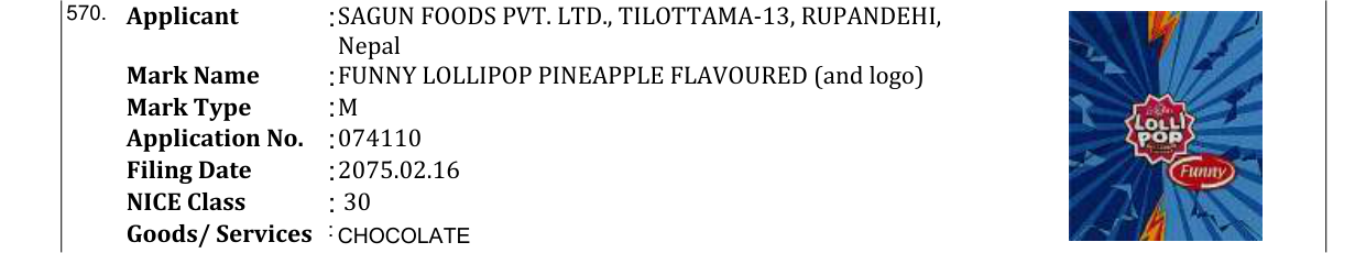 Original bulletin entry for FUNNY LOLLIPOP PINEAPPLE FLAVOURED (and logo)