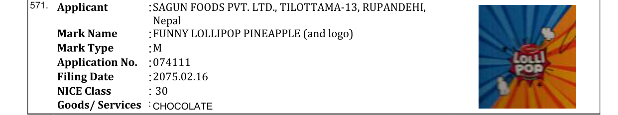 Original bulletin entry for FUNNY LOLLIPOP PINEAPPLE (and logo)