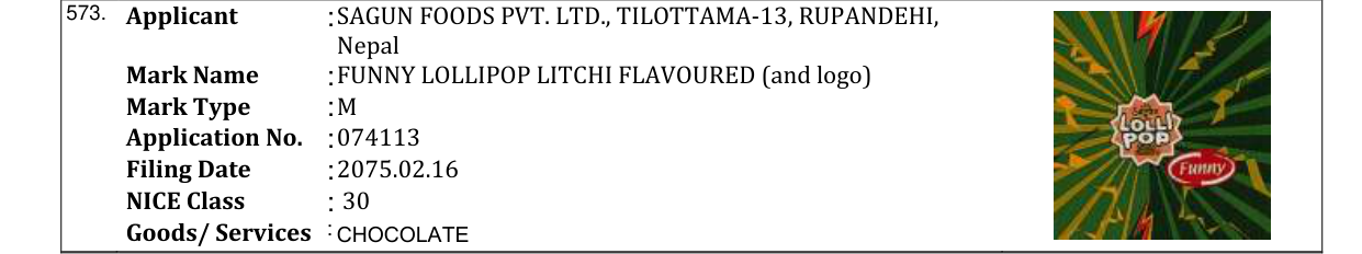 Original bulletin entry for FUNNY LOLLIPOP LITCHI FLAVOURED (and logo)