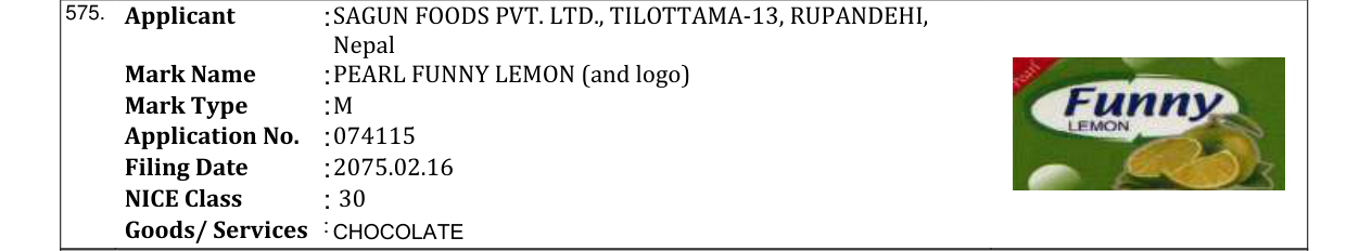 Original bulletin entry for PEARL FUNNY LEMON (and logo)