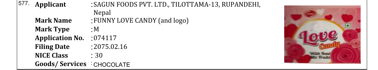 Original bulletin entry for FUNNY LOVE CANDY (and logo)