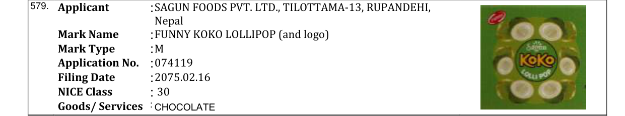 Original bulletin entry for FUNNY KOKO LOLLIPOP (and logo)