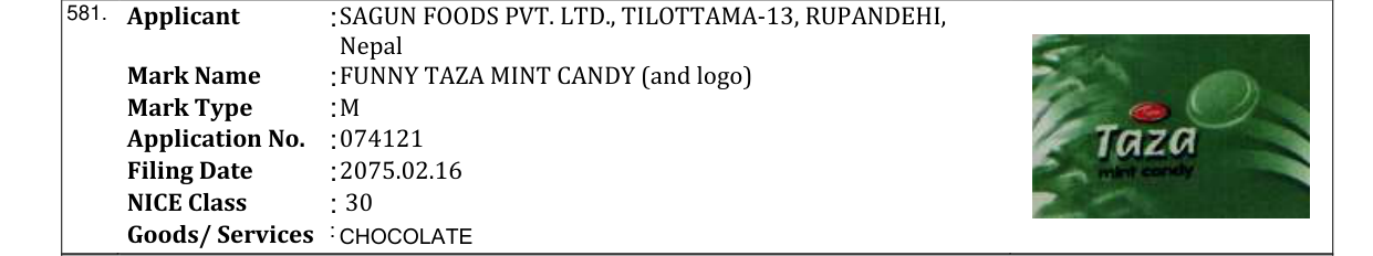 Original bulletin entry for FUNNY TAZA MINT CANDY (and logo)