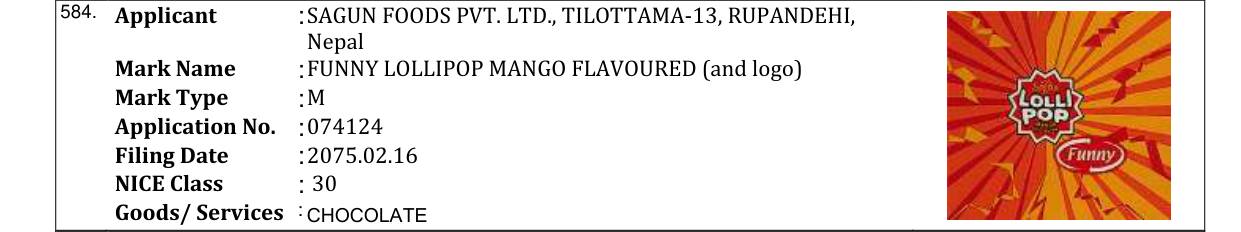 Original bulletin entry for FUNNY LOLLIPOP MANGO FLAVOURED (and logo)