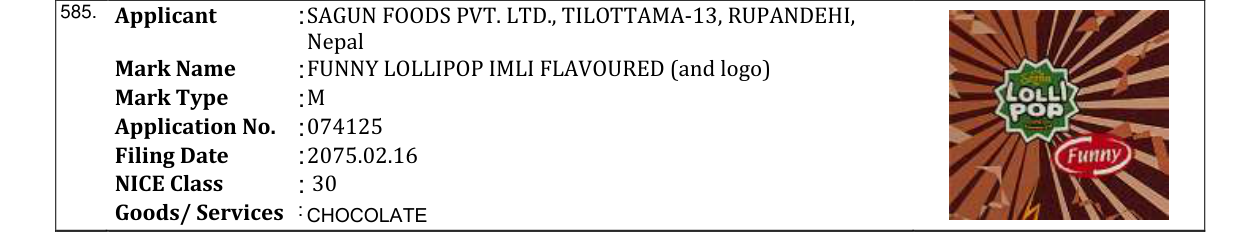 Original bulletin entry for FUNNY LOLLIPOP IMLI FLAVOURED (and logo)