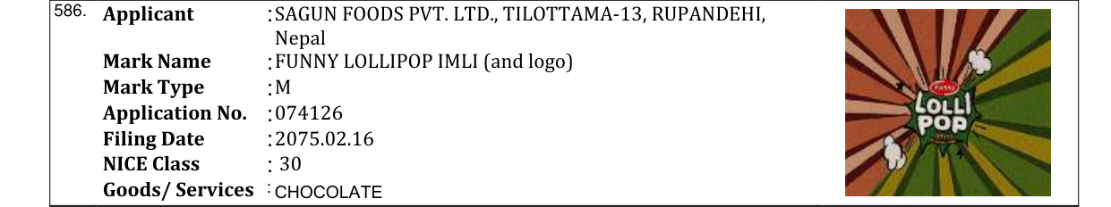 Original bulletin entry for FUNNY LOLLIPOP IMLI (and logo)