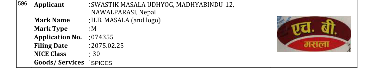 Original bulletin entry for H.B. MASALA (and logo)