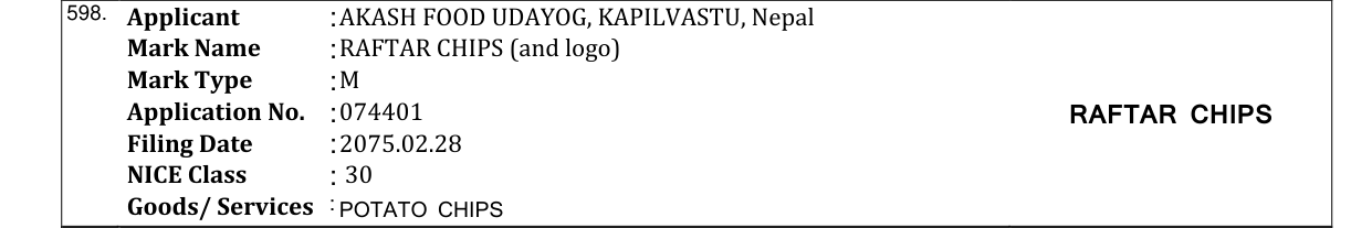 Original bulletin entry for RAFTAR CHIPS (and logo)
