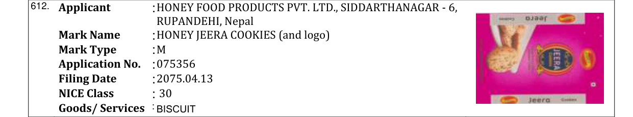 Original bulletin entry for HONEY JEERA COOKIES (and logo)