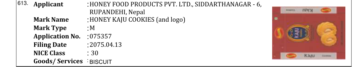Original bulletin entry for HONEY KAJU COOKIES (and logo)