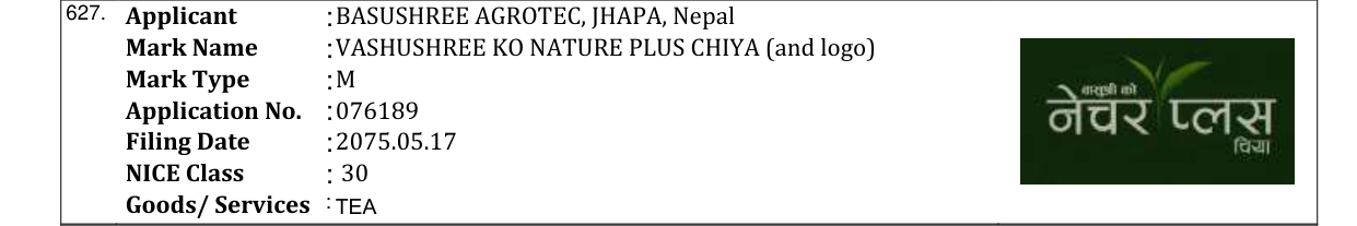 Original bulletin entry for VASHUSHREE KO NATURE PLUS CHIYA (and logo)