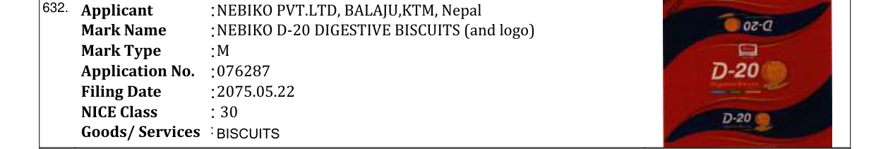 Original bulletin entry for NEBIKO D-20 DIGESTIVE BISCUITS (and logo)