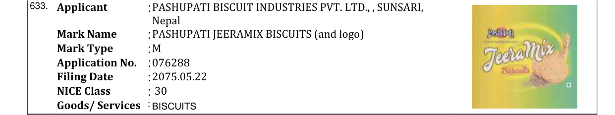 Original bulletin entry for PASHUPATI JEERAMIX BISCUITS (and logo)