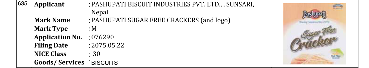 Original bulletin entry for PASHUPATI SUGAR FREE CRACKERS (and logo)