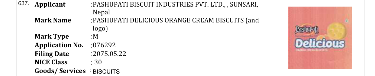 Original bulletin entry for PASHUPATI DELICIOUS ORANGE CREAM BISCUITS (and logo)