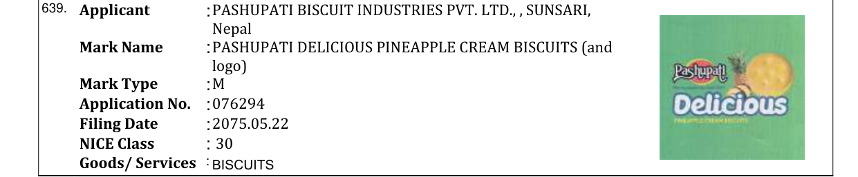 Original bulletin entry for PASHUPATI DELICIOUS PINEAPPLE CREAM BISCUITS (and logo)