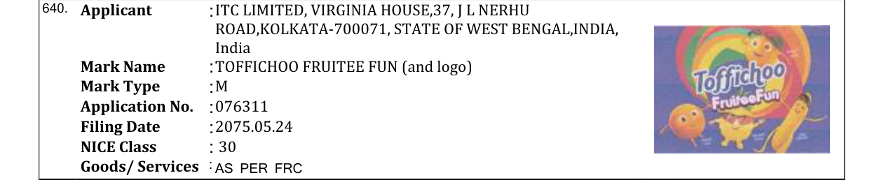 Original bulletin entry for TOFFICHOO FRUITEE FUN (and logo)
