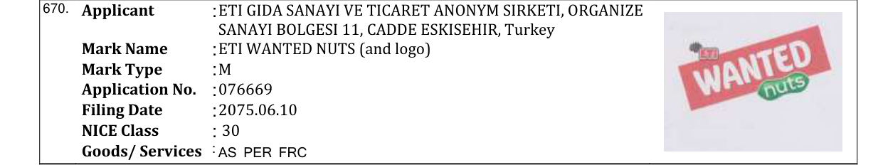 Original bulletin entry for ETI WANTED NUTS (and logo)