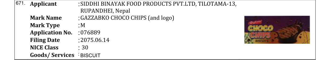 Original bulletin entry for GAZZABKO CHOCO CHIPS (and logo)