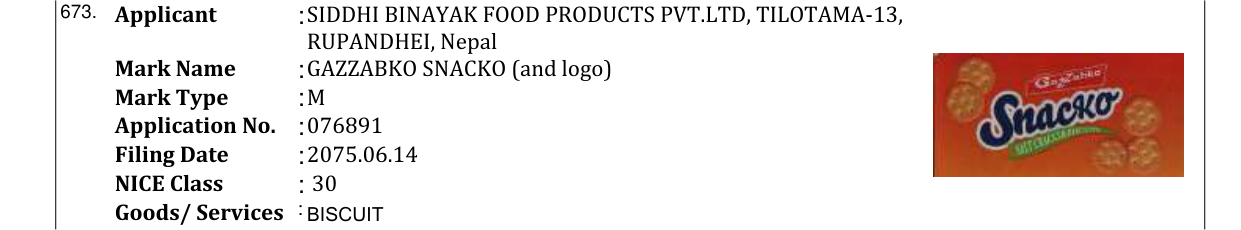 Original bulletin entry for GAZZABKO SNACKO (and logo)