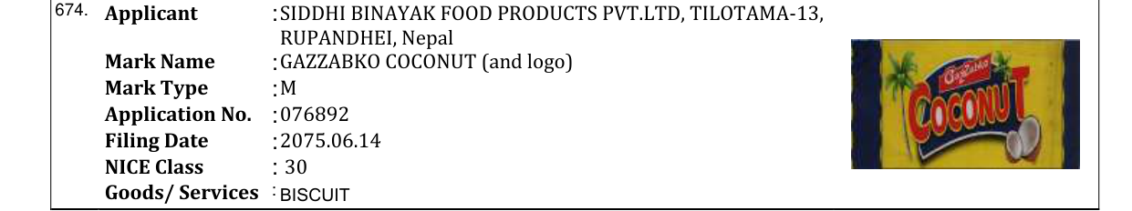 Original bulletin entry for GAZZABKO COCONUT (and logo)