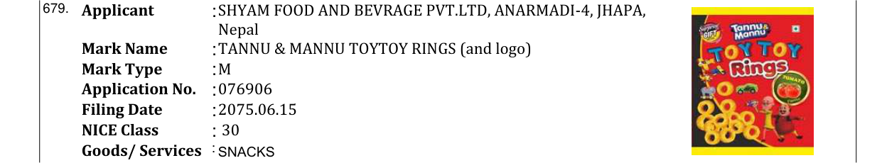 Original bulletin entry for TANNU & MANNU TOYTOY RINGS (and logo)