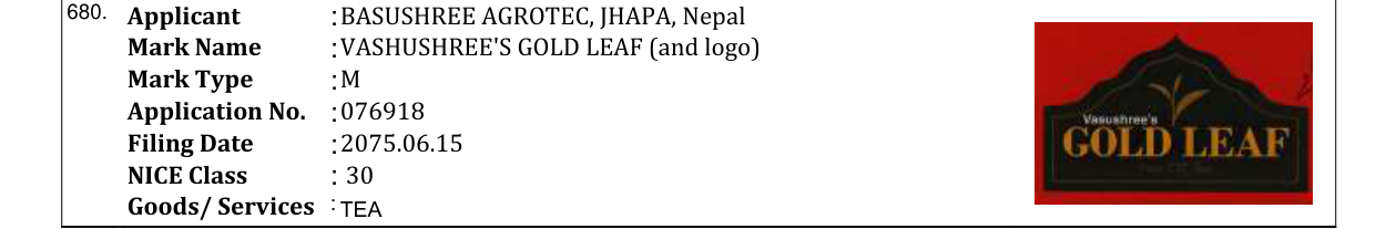 Original bulletin entry for VASHUSHREE'S GOLD LEAF (and logo)