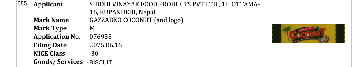 Original bulletin entry for GAZZABKO COCONUT (and logo)