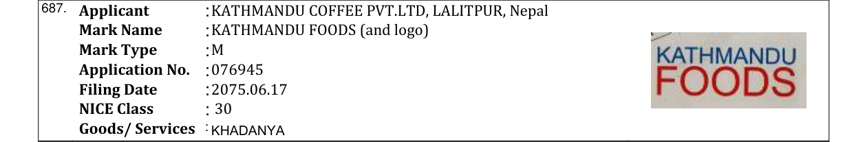 Original bulletin entry for KATHMANDU FOODS (and logo)