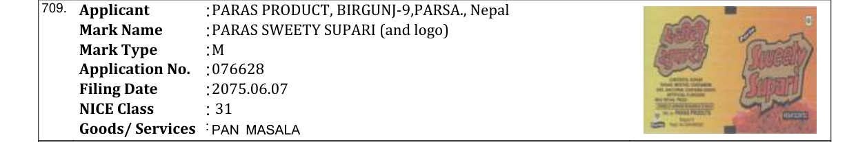 Original bulletin entry for PARAS SWEETY SUPARI (and logo)