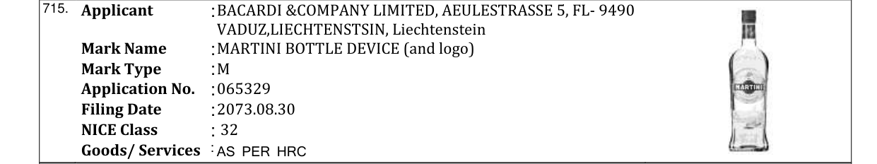Original bulletin entry for MARTINI BOTTLE DEVICE (and logo)