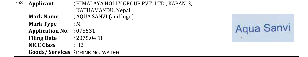 Original bulletin entry for AQUA SANVI (and logo)
