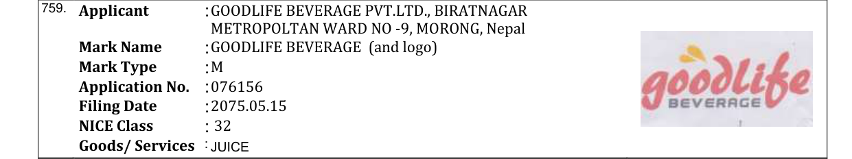Original bulletin entry for GOODLIFE BEVERAGE (and logo)