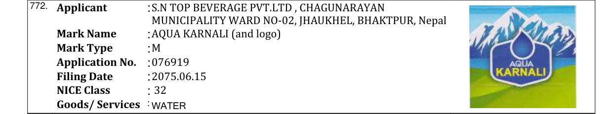 Original bulletin entry for AQUA KARNALI (and logo)